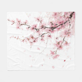Pink Cherry Blossom Sakura Watercolor Floral Boho Fleece Blanket