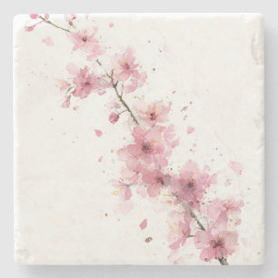 Pink Cherry Blossom Sakura Watercolor Floral Boho Stone Coaster