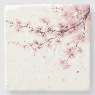 Pink Cherry Blossom Sakura Watercolor Floral Boho Stone Coaster