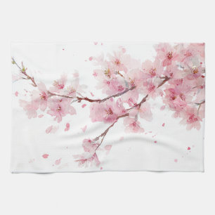 Pink Cherry Blossom Sakura Watercolor Floral Boho Tea Towel