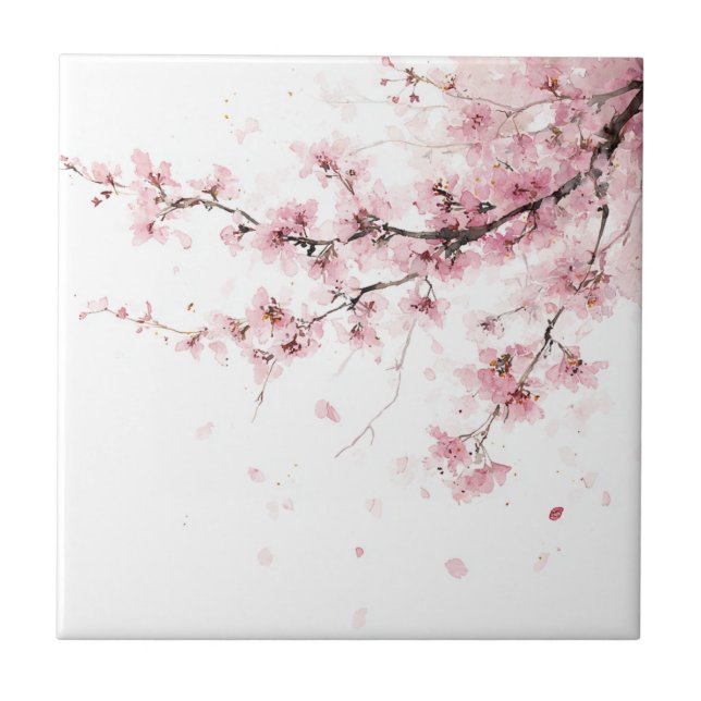 Pink Cherry Blossom Sakura Watercolor Floral Tile (Front)
