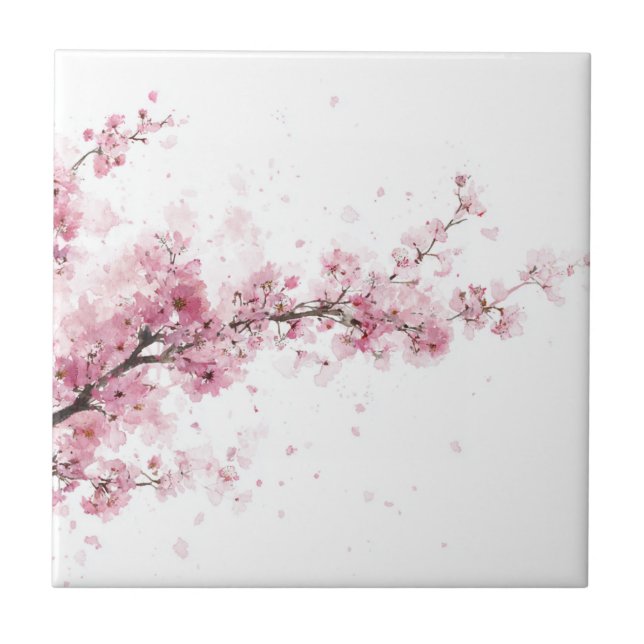 Pink Cherry Blossom Sakura Watercolor Floral Tile (Front)