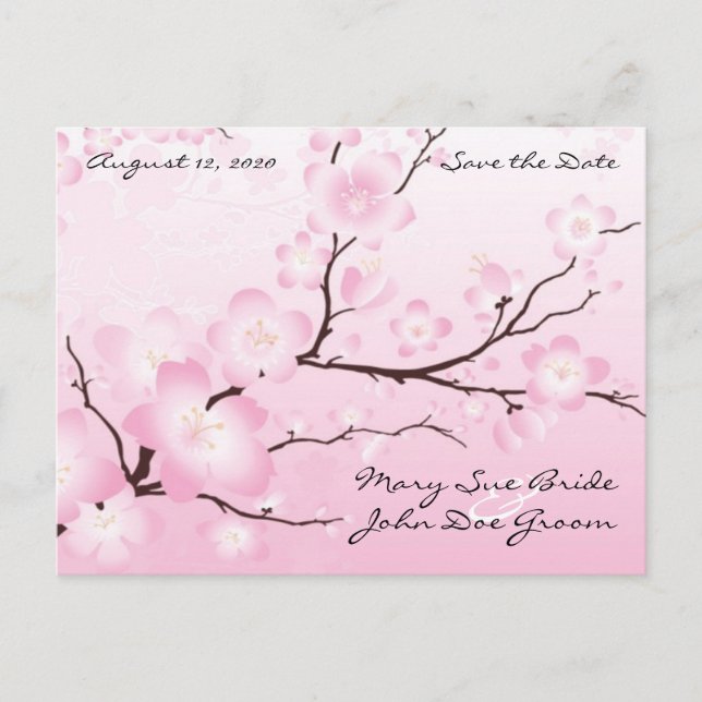 Pink Cherry Blossom Save the Date Postcards (Front)