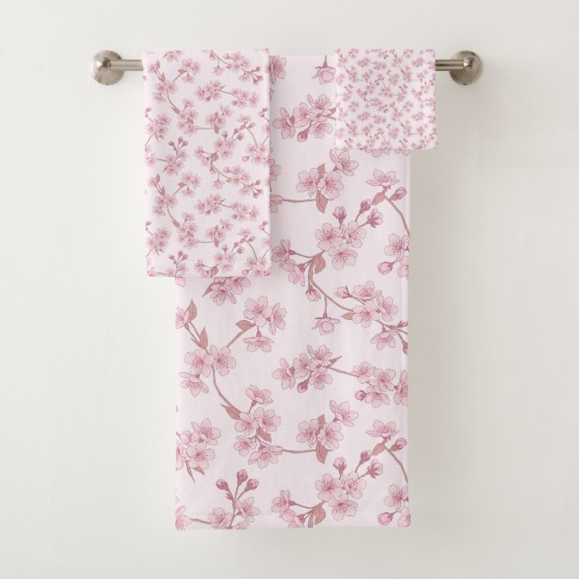 Pink Cherry Blossom Seamless Floral Pattern Bath Towel Set (Insitu)