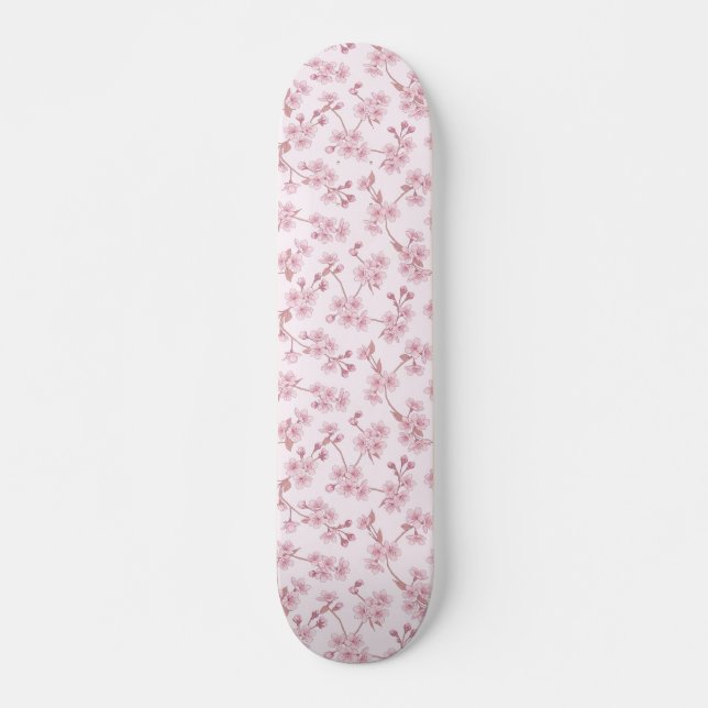 Pink Cherry Blossom Seamless Floral Pattern Skateboard (Front)