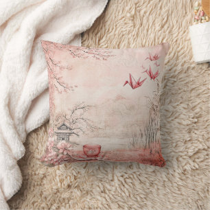 Pink Cherry Blossom Serenity Landscape (1) Cushion