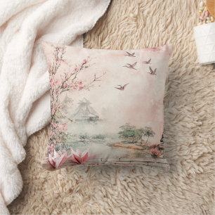 Pink Cherry Blossom Serenity Landscape (2) Cushion