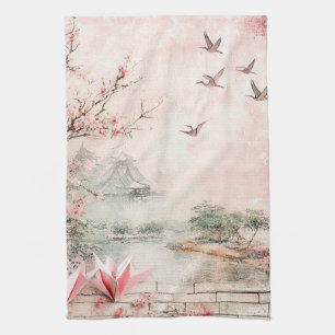 Pink Cherry Blossom Serenity Landscape  (2) Tea Towel