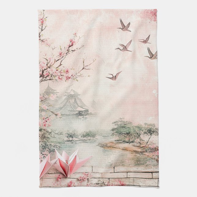 Pink Cherry Blossom Serenity Landscape  (2) Tea Towel (Vertical)