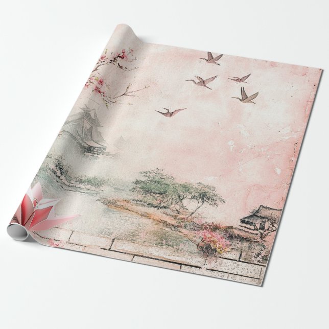 Pink Cherry Blossom Serenity Landscape  (2) Wrapping Paper (Unrolled)