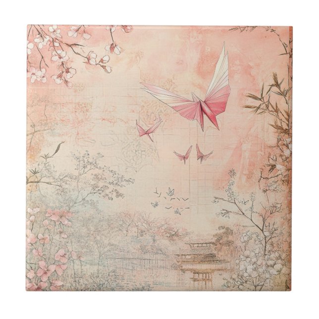 Pink Cherry Blossom Serenity Landscape  (3) Tile (Front)