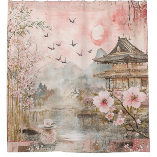 Pink Cherry Blossom Serenity Landscape (4) Shower Curtain