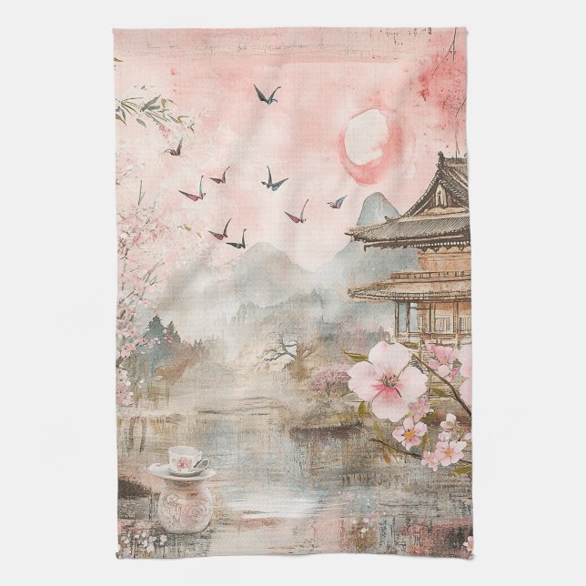 Pink Cherry Blossom Serenity Landscape  (4) Tea Towel (Vertical)