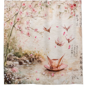Pink Cherry Blossom Serenity Landscape (5) Shower Curtain