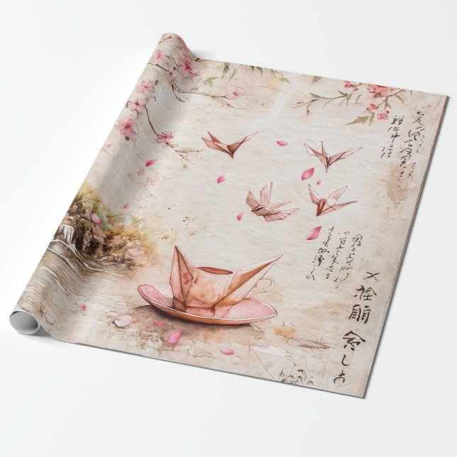 Pink Cherry Blossom Serenity Landscape  (5) Wrapping Paper (Unrolled)