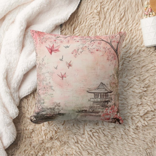 Pink Cherry Blossom Serenity Landscape  (6) Cushion (Blanket)