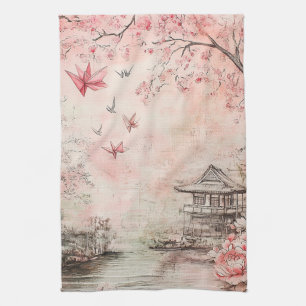 Pink Cherry Blossom Serenity Landscape  (6) Tea Towel