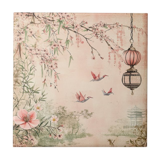 Pink Cherry Blossom Serenity Landscape  (7) Tile (Front)