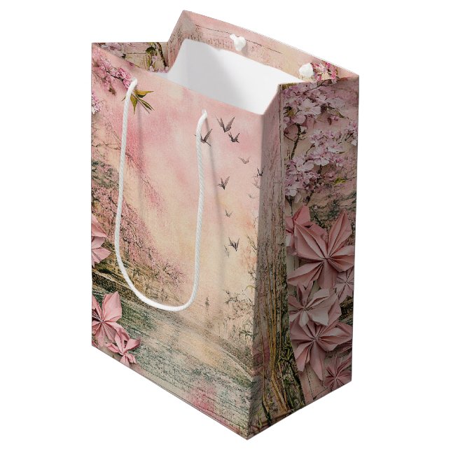 Pink Cherry Blossom Serenity Landscape  (8) Medium Gift Bag (Front Angled)