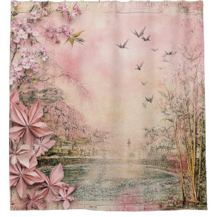 Pink Cherry Blossom Serenity Landscape (8) Shower Curtain