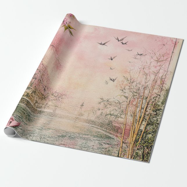 Pink Cherry Blossom Serenity Landscape  (8) Wrapping Paper (Unrolled)