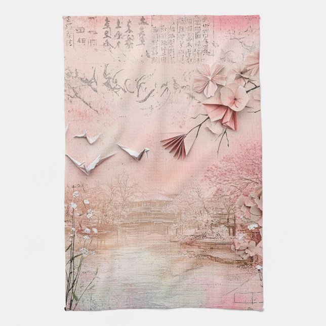 Pink Cherry Blossom Serenity Landscape  (9) Tea Towel (Vertical)