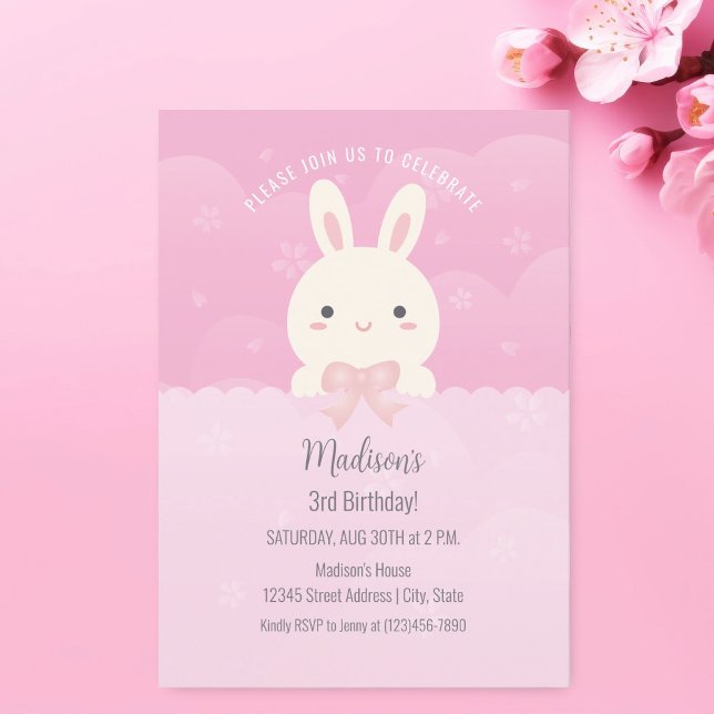 Pink Cherry Blossom Some Bunny Kids Birthday Party Invitation (Creator Uploaded)