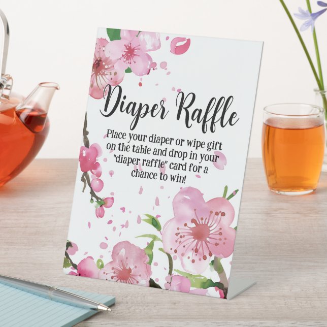 Pink Cherry Blossom Spring Floral Diaper Raffle Pedestal Sign (In SItu)