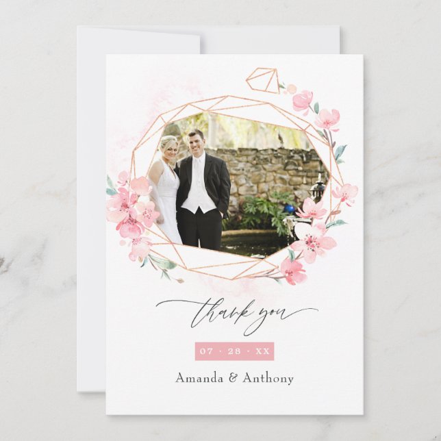 Pink Cherry Blossom Spring Wedding Photo Collage Thank You Card (Front)