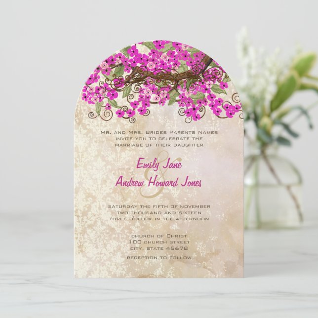 Pink Cherry Blossom Tea Stain Wedding Invites (Standing Front)