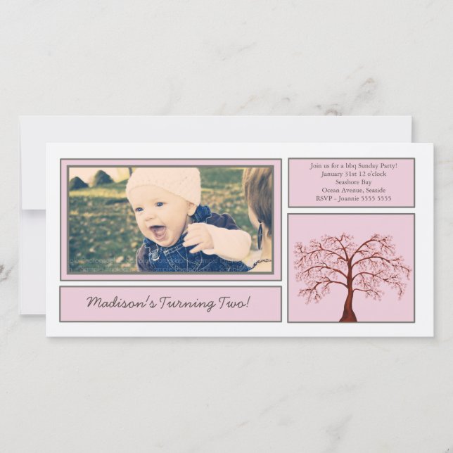 Pink Cherry Blossom Tree Birthday Photo Invite (Front)