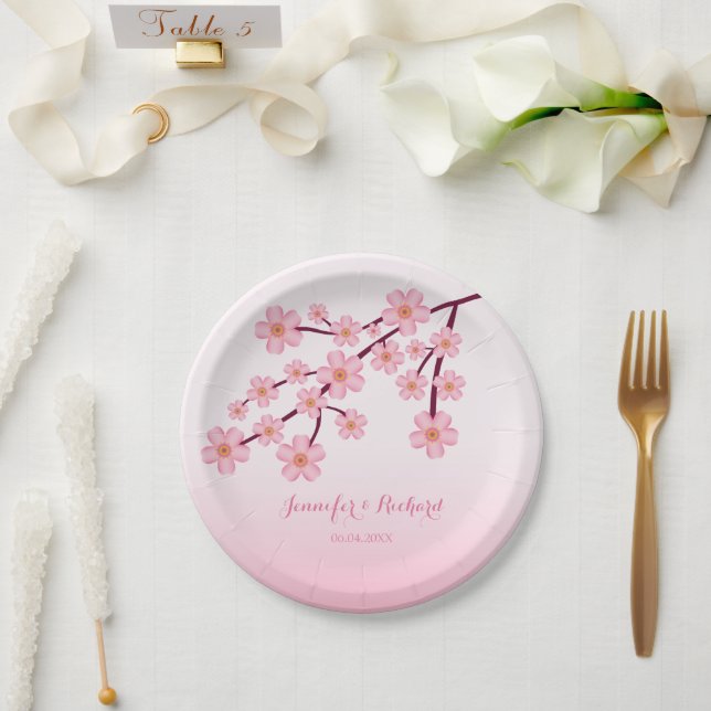 Pink Cherry Blossom Tree Branch With Names Wedding Paper Plate (Wedding)