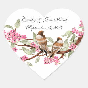 Pink Cherry Blossom Vintage Birds Wedding Stickers