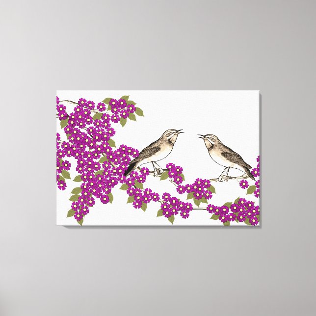 Pink Cherry Blossom  Vintage Love Birds Canvas Print (Front)