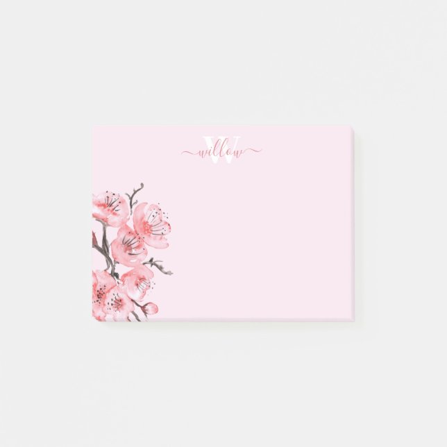 Pink Cherry Blossom Watercolor Monogram Post-it Notes (Front)