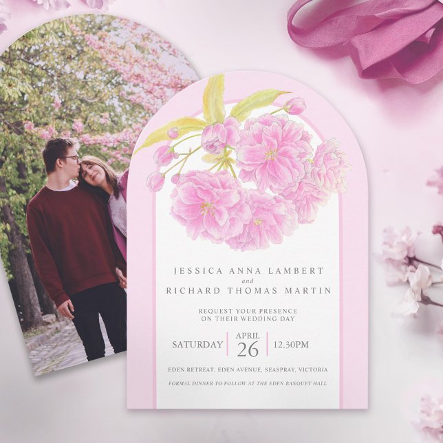 Pink cherry blossom watercolor photo wedding arch invitation (Creator Uploaded)