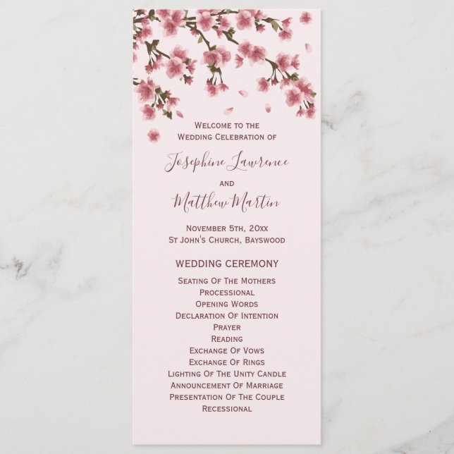 Pink Cherry Blossom Wedding Ceremony Programme (Front)