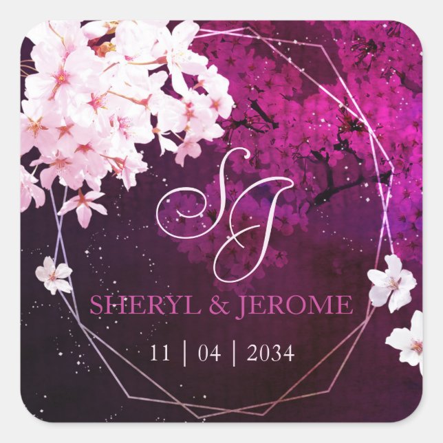 Pink Cherry Blossom Wedding Invitation Square Sticker (Front)