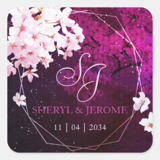 Pink Cherry Blossom Wedding Invitation Square Sticker