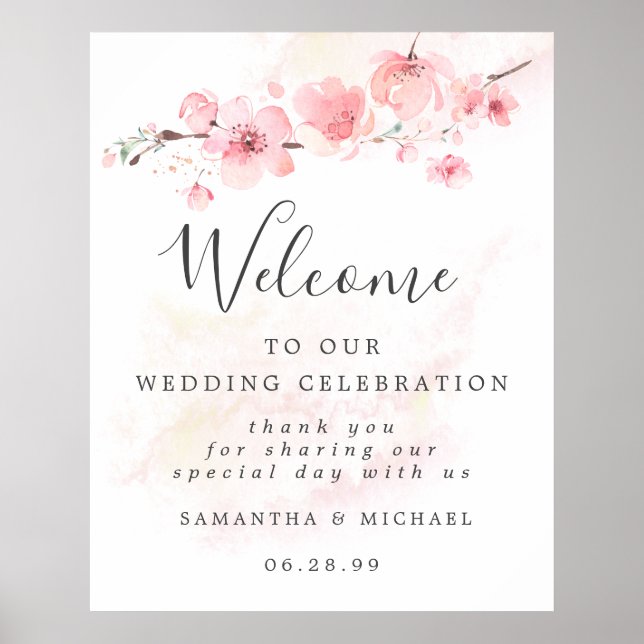 Pink Cherry Blossom Wedding Welcome Sign (Front)