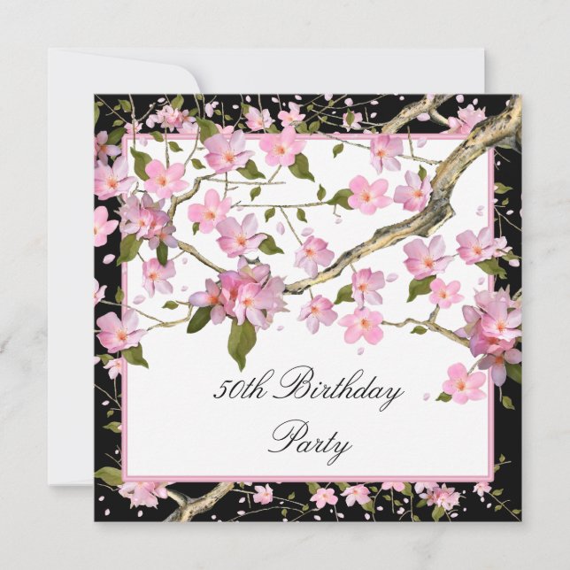 Pink Cherry Blossom Womans 50th Birthday Party Invitation (Front)