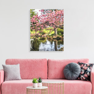 Pink Cherry Blossoms and Pond Canvas Print