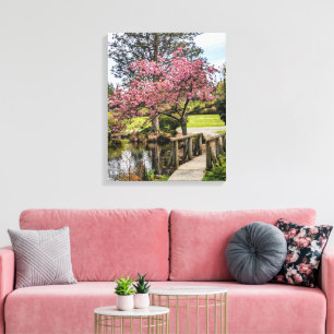 Pink Cherry Blossoms and Trail Bridge Canvas Print