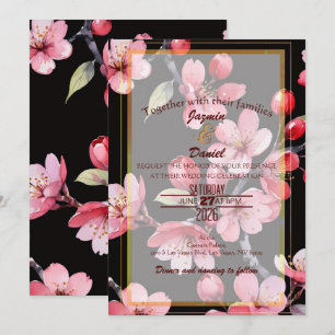 Pink Cherry Blossoms Black Backgroud Invitation