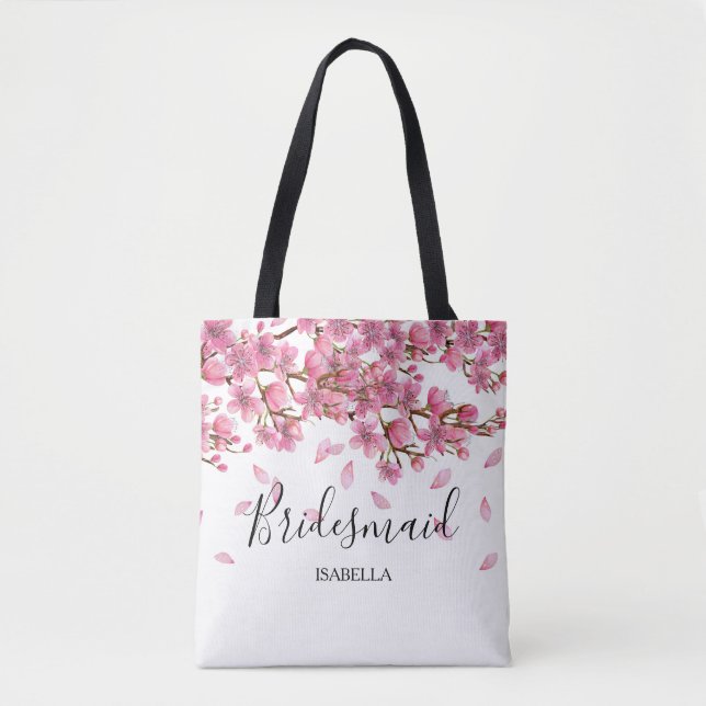 Pink Cherry Blossoms Bridesmaid Tote Bag (Front)