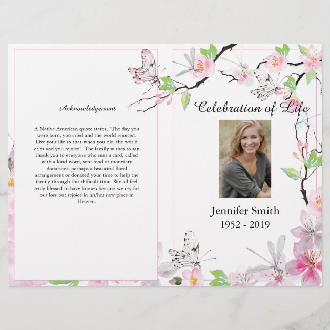 Pink Cherry Blossoms & Butterfly Funeral Program Flyer (Front)