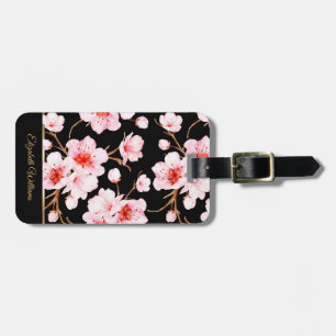 Pink Cherry Blossoms Floral Black Customisable  Luggage Tag