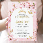 Pink Cherry Blossoms Floral Quinceañera Sweet 16 Invitation<br><div class="desc">Personalise this lovely invitation card with your own wording easily and quickly. Simply click the Edit Using Design Tools button to further edit the text, wording, font style, font size, font colour, add more text, move or remove some images. The butterflies and crown are moveable, resizable, multipliable and removable. Customise...</div>