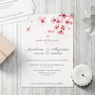 Pink Cherry Blossoms floral romantic wedding Invitation