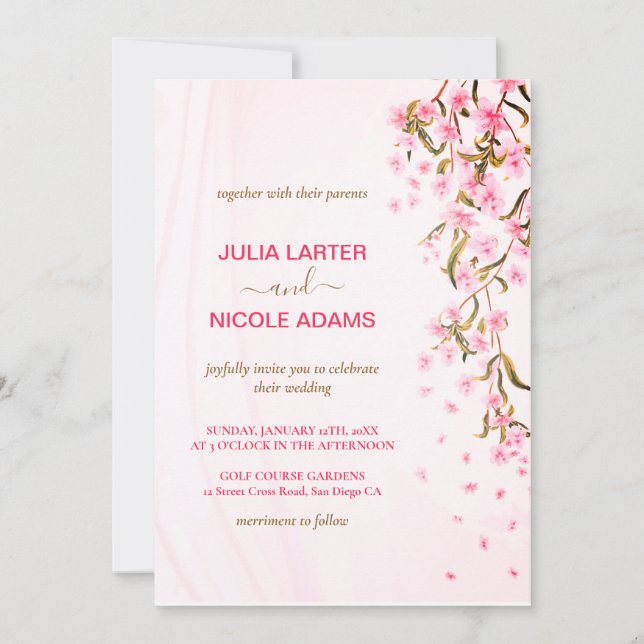 Pink Cherry Blossoms Floral Shower Wedding Invitation (Front)